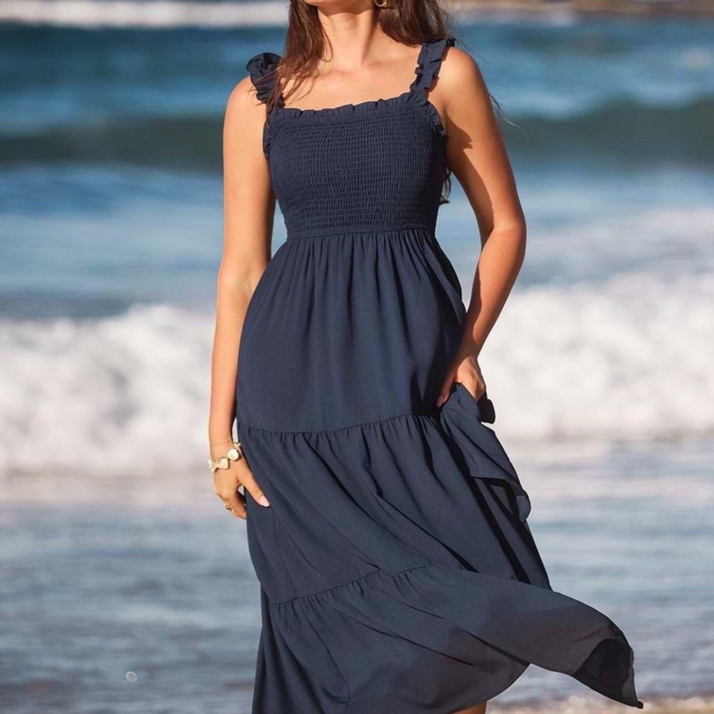 Cupshe Smocked Tiered Maxi Dress Womens Size Medium Navy Blue New With Tags Boho